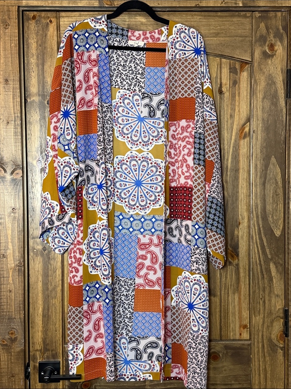 easel Multicolor Patchwork Kimono Jacket with Mustard Accents